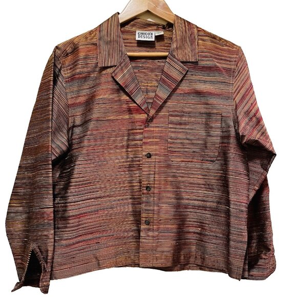 CHICO'S DESIGN Brown/Copper/Yellow 100% Silk Long Sleeve Shacket Sz 1 (Sz 8) - Picture 1 of 7